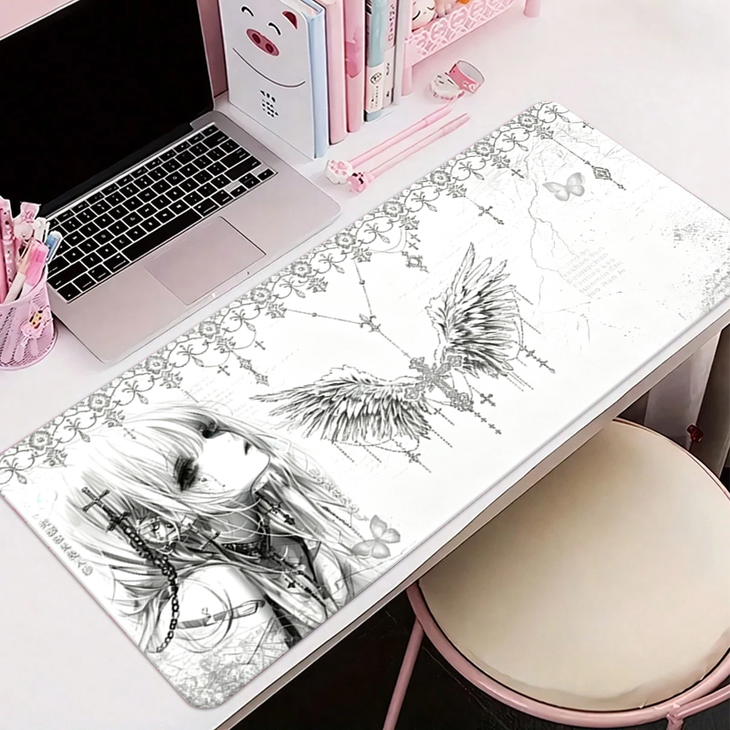 Esports Gaming Keyboard - Leather Mousepad Black White Anime Aesthetics